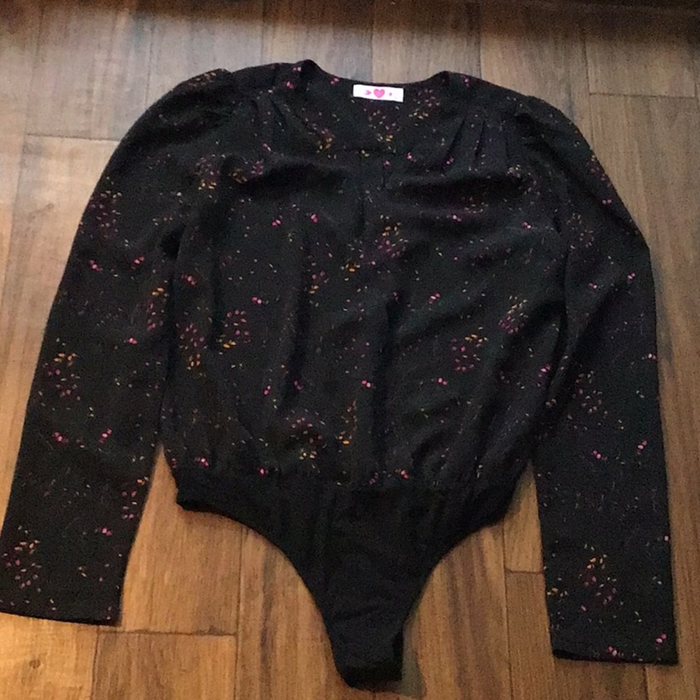 2/$15, 3/$21 Buddy Love black floral bodysuit